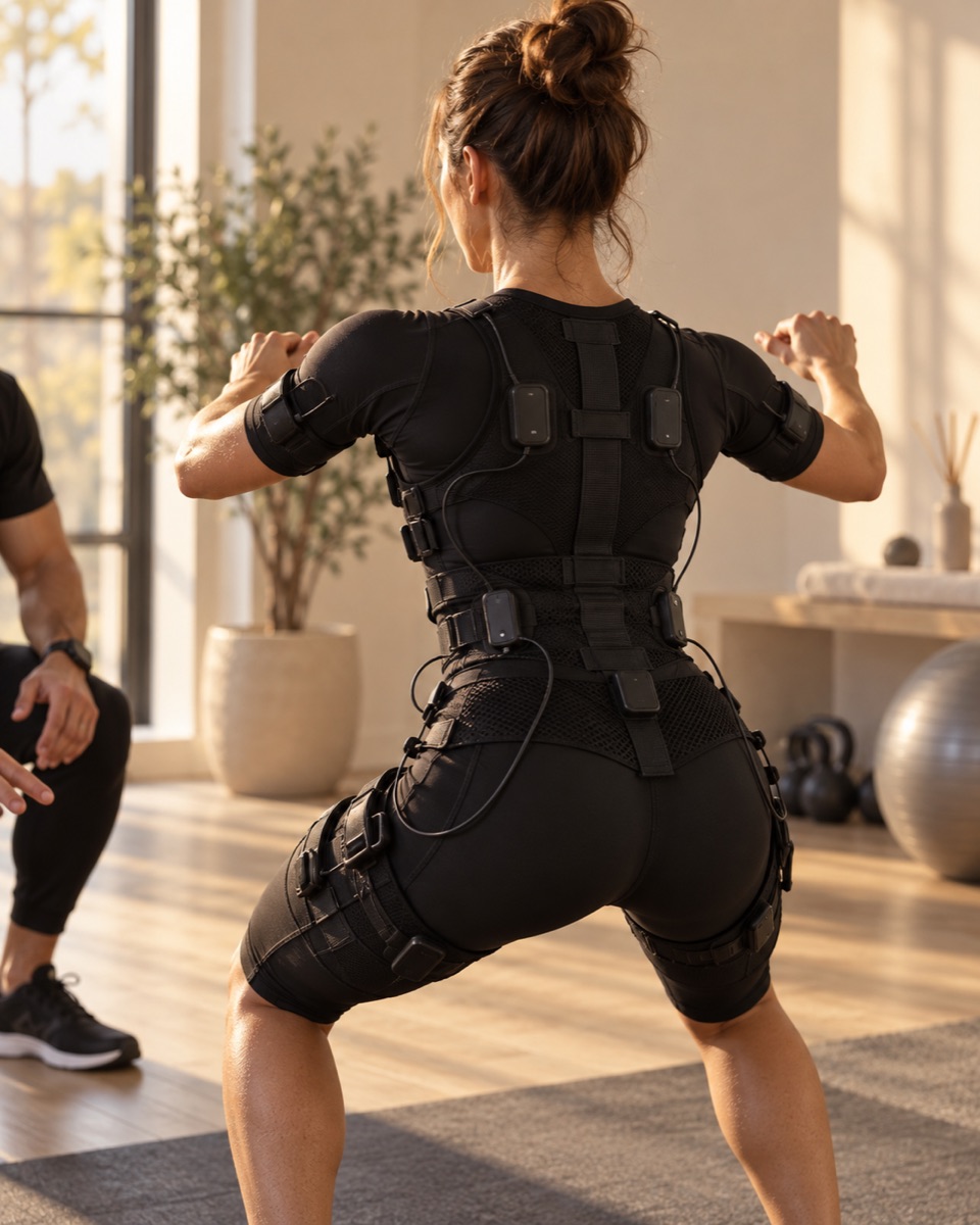 Vista posterior de un entrenamiento con traje EMS, imagen editorial ilustrativa